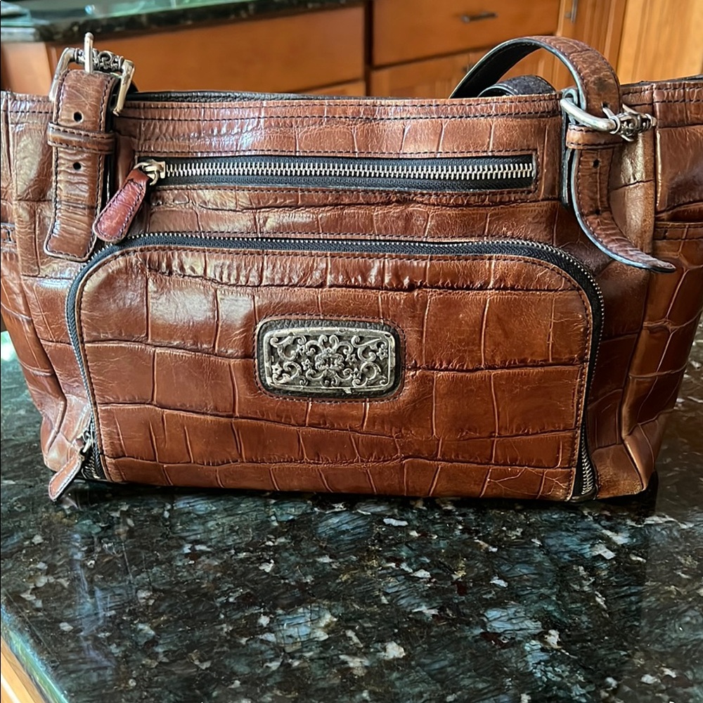 Brown Crocodile-Embossed Leather Handbag